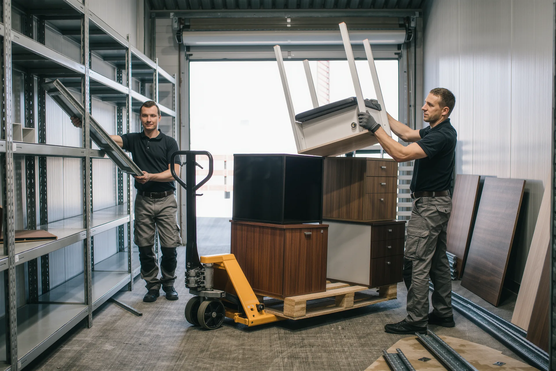 Zwei Mitarbeiter bauen Stahlregale ab und beladen einen Hubwagen in einer Lagerhalle