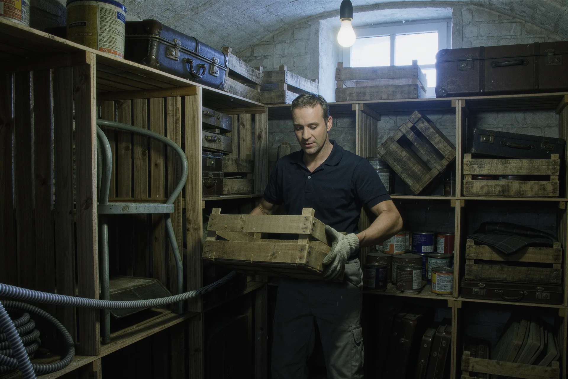 Mitarbeiter hebt eine staubige Holzkiste aus einem Kellerverschlag